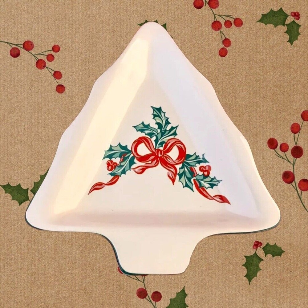 Christmas Ribbons TREE SHAPED Candy or Serving Dish by International China *VTG*